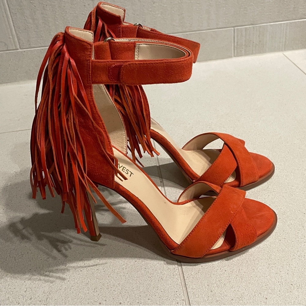 Nine West orange suede heels with fringe